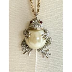 VTG Chicos Rhinestone Frog Jelly Belly Watch Long Necklace Silver and Gold Tone